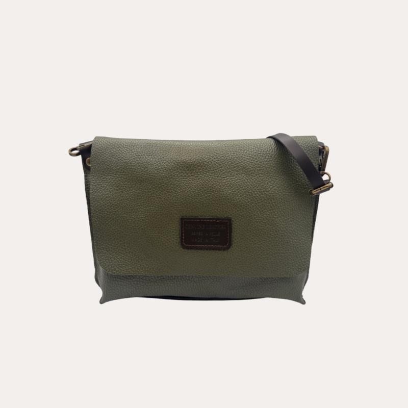 Cartera Bandolera Piel Verde Aceituna con Solapa