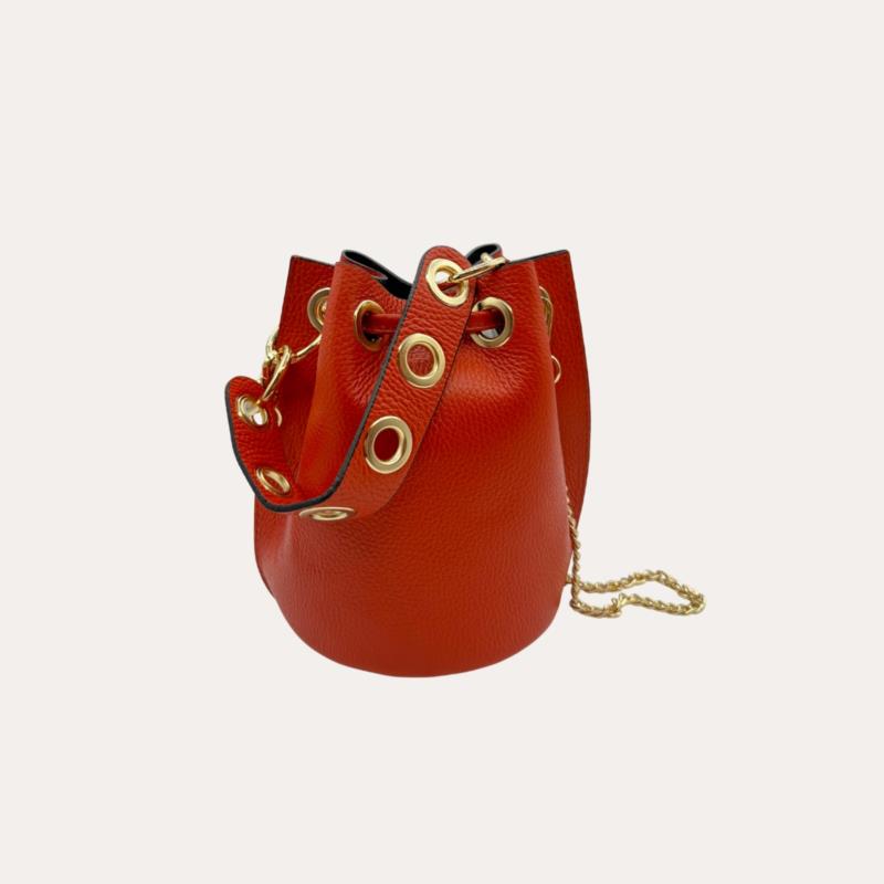 Bolso Bombonera Piel Autentica Naranja Anillas Doradas