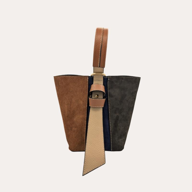 Bolso Antelina Pequeño Multicolor Tipo Cubo Asa Marrón