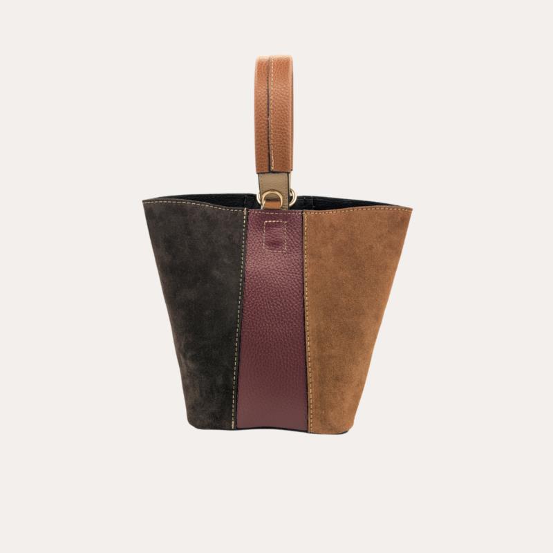 Bolso Antelina Pequeño Multicolor Tipo Cubo Asa Marrón