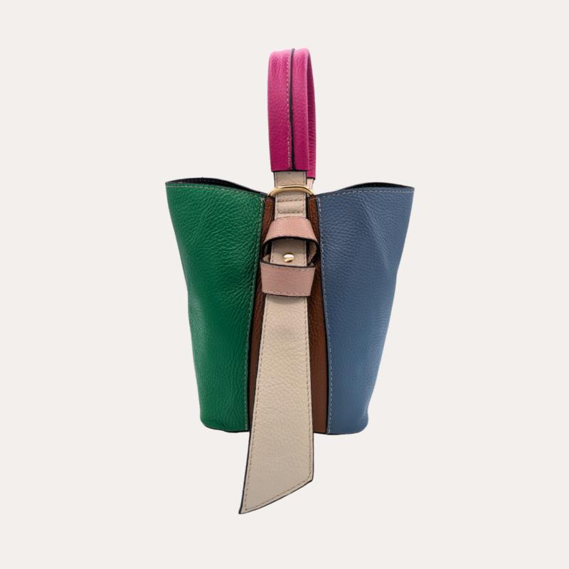 Bolso de Piel Pequeño Multicolor Tipo Cubo Asa Fucsia