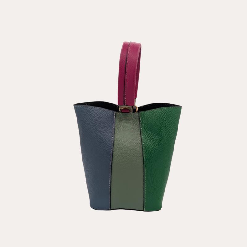 Bolso de Piel Pequeño Multicolor Tipo Cubo Asa Fucsia