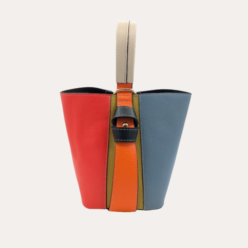 Bolso de Piel Pequeño Multicolor Tipo Cubo Asa Blanco Hueso