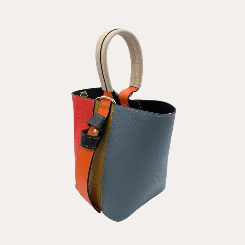 Bolso de Piel Pequeño Multicolor Tipo Cubo Asa Blanco Hueso