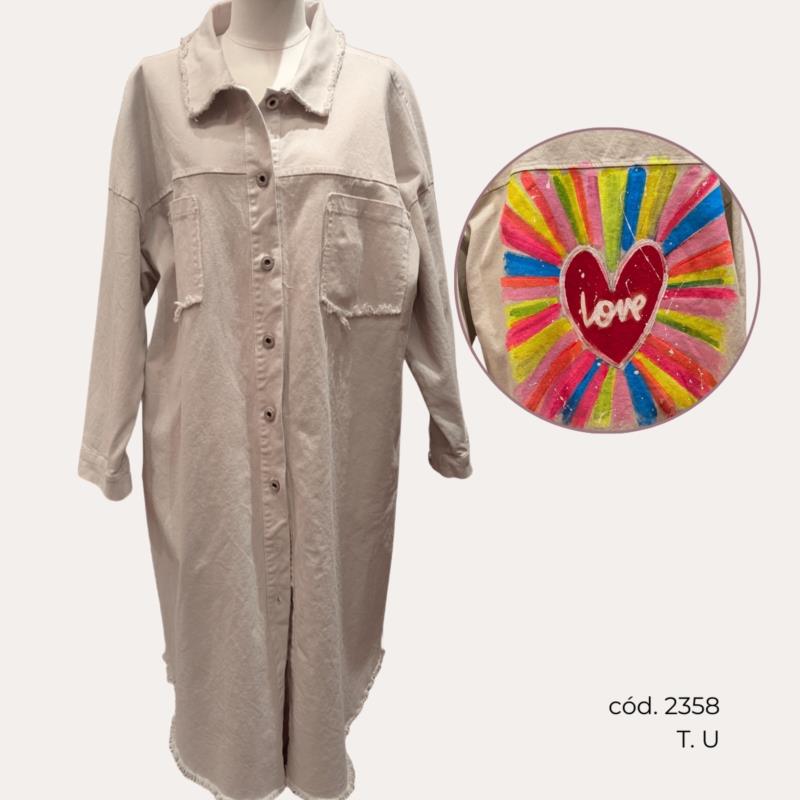 Chaqueta Larga Beige de Algodón con Espaldar Estampado