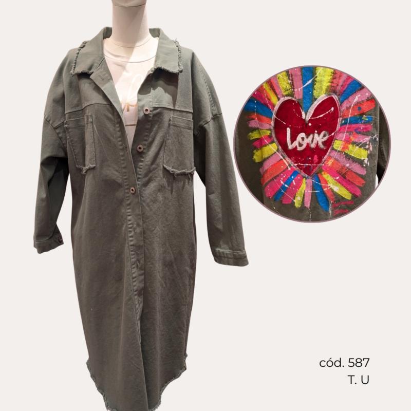 Chaqueta Larga Verde de Algodón con Espaldar Estampado