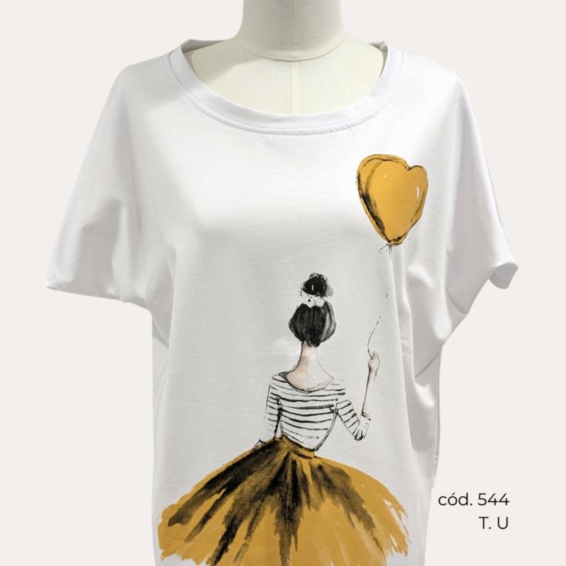 Camiseta Blanca de Algodón con Estampado Mostaza Ilustrado