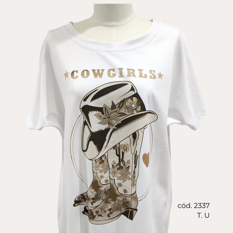 Camiseta Blanca de Algodón con Estampado Cowgirl
