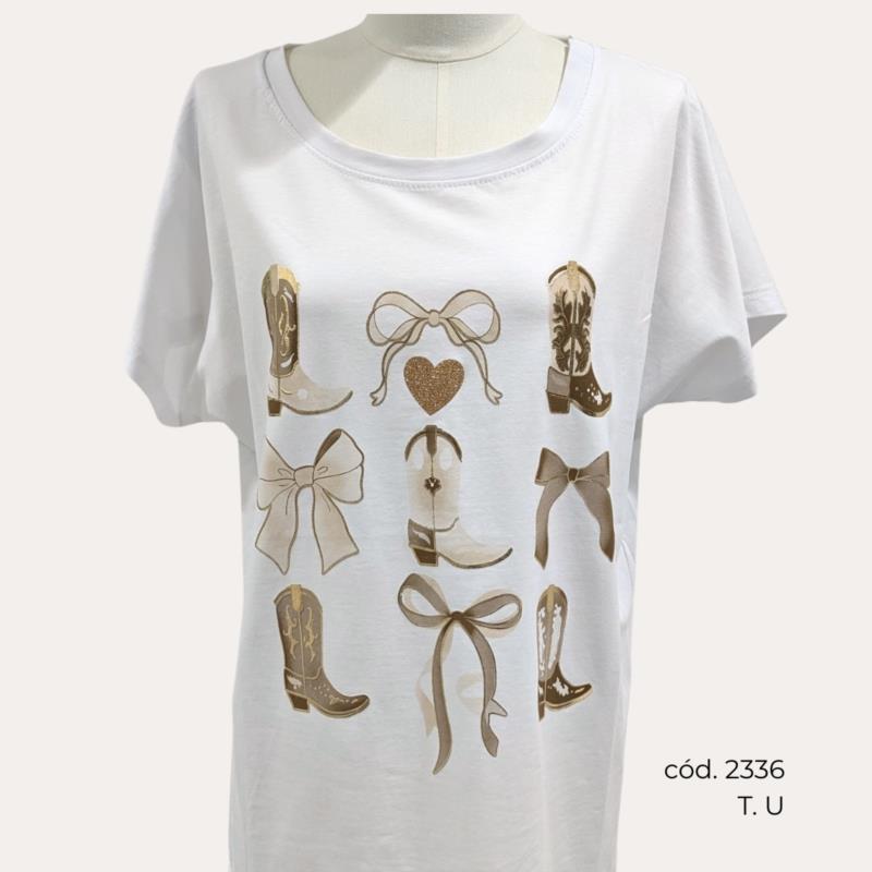 Camiseta Blanca de Algodón con Estampado Accesorios Cowgirl