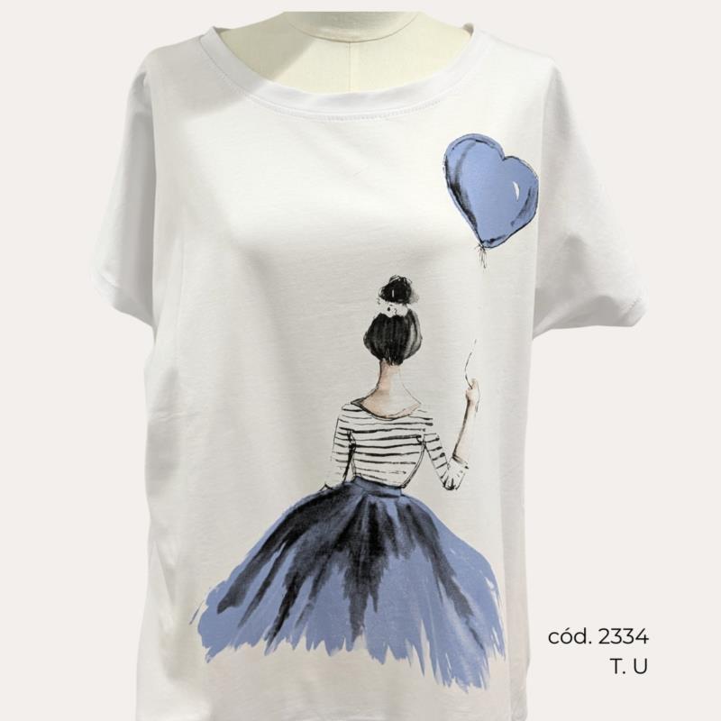 Camiseta Blanca de Algodón con Estampado Azul Ilustrado