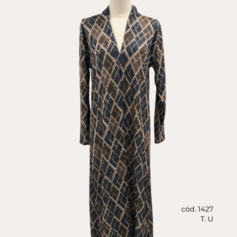 Vestido Largo Estampado Geométrico en Azul y Marrón