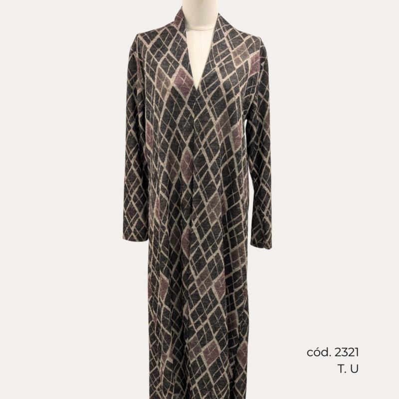 Vestido Largo Estampado Geométrico en Marrón y Vino con Cuello Pico