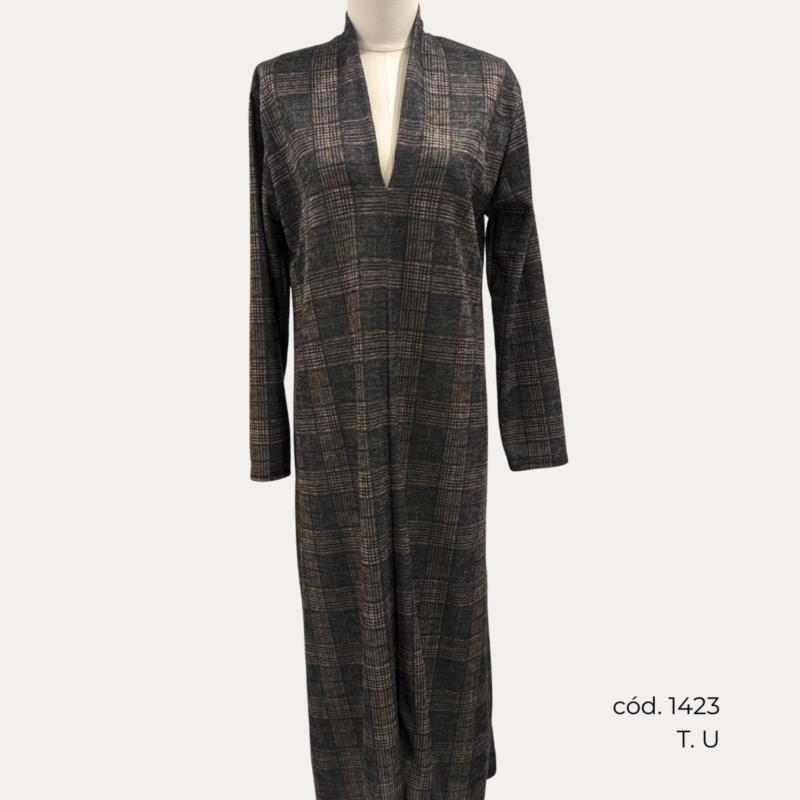 Vestido Largo Estampado Lineal con Escote en Pico