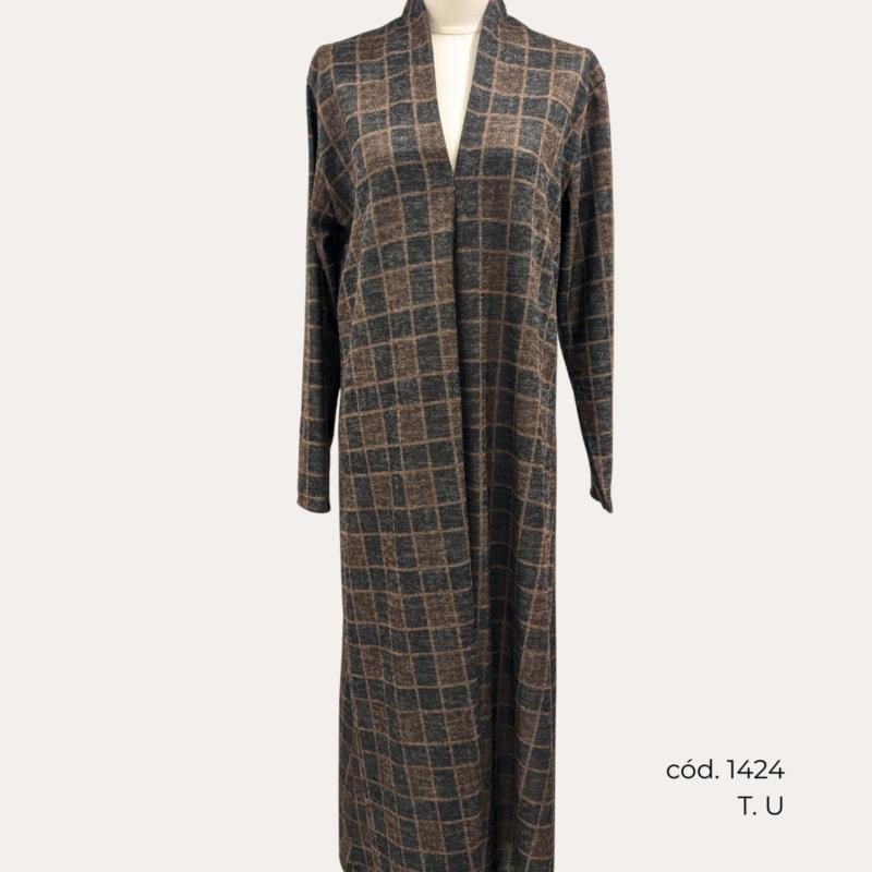 Vestido Largo Estampado de Cuadros Marrón y Gris con Escote en Pico