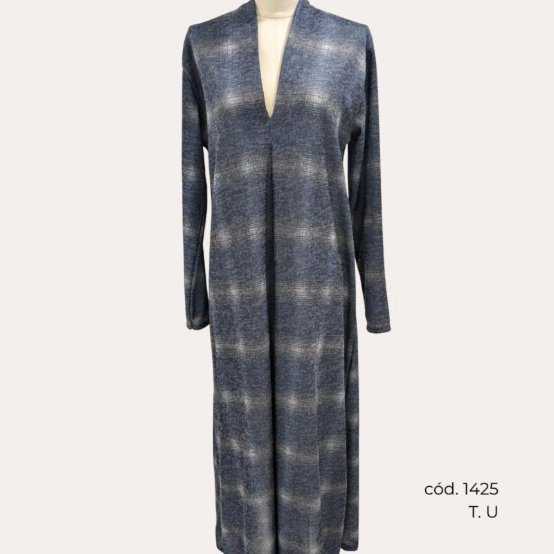 estido Largo Azul con Estampado Lineal y Escote en Pico