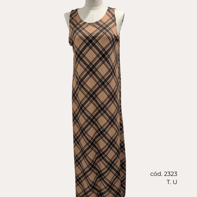 Vestido Largo de Punto Escocés en Beige y Gris