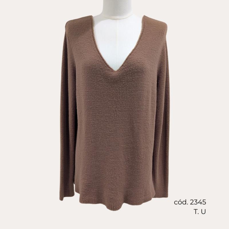 Jersey de Punto en Marrón Claro con Cuello Pico