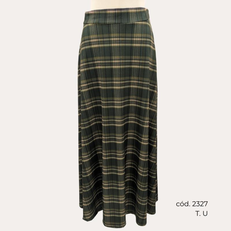 Falda Larga de Punto con Estampado Lineal en Verde y Marrón