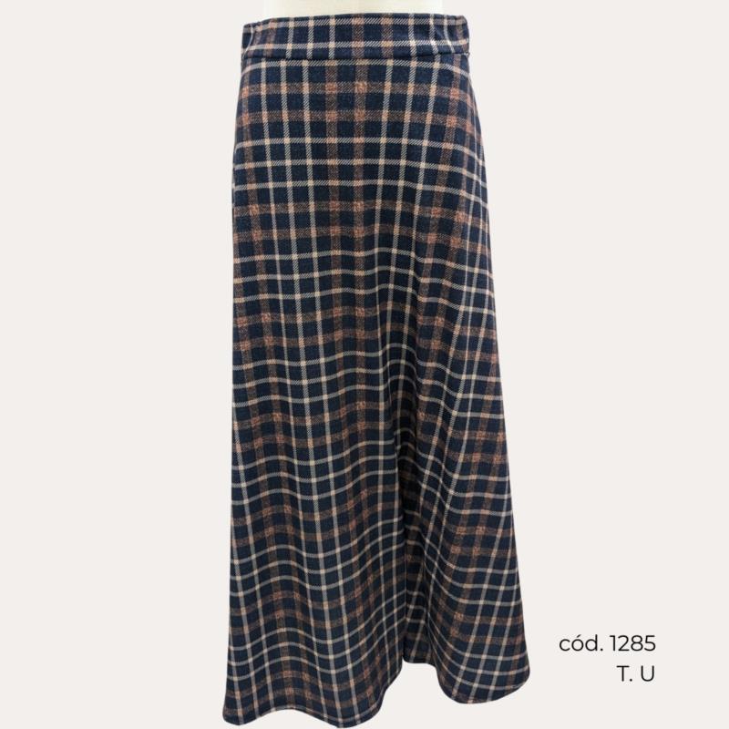 Falda Larga con Estampado de Cuadros en Azul y Marrón