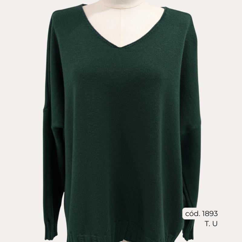 Jersey de Punto en Verde con Cuello Pico