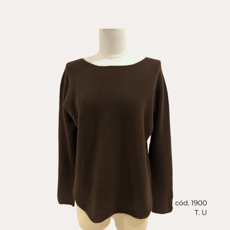 Jersey Liso de Punto Marrón con Cuello Redondo