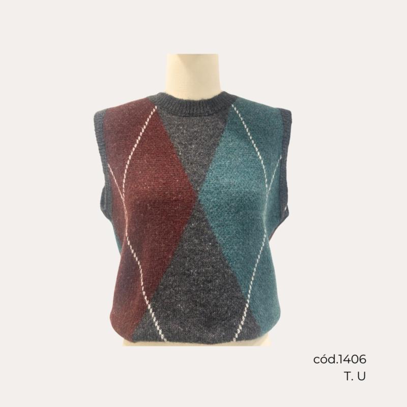 Chaleco de Punto con Estampado Geométrico en Tonos Gris y Rojo