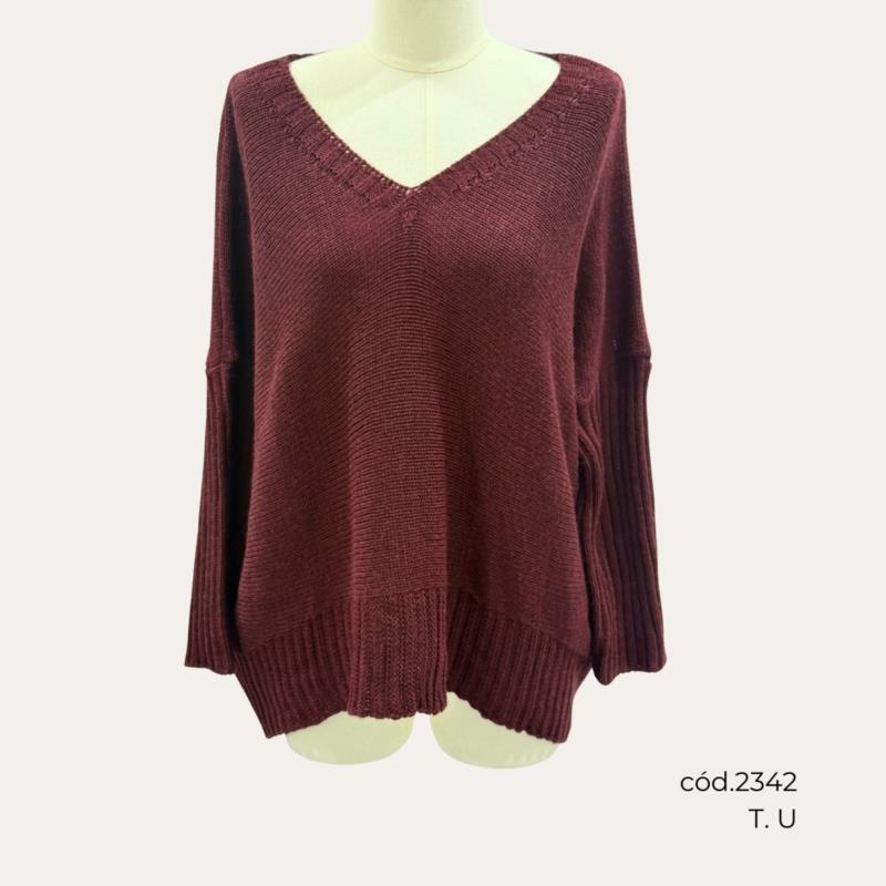 Jersey de Lana en Burdeos con Cuello Pico