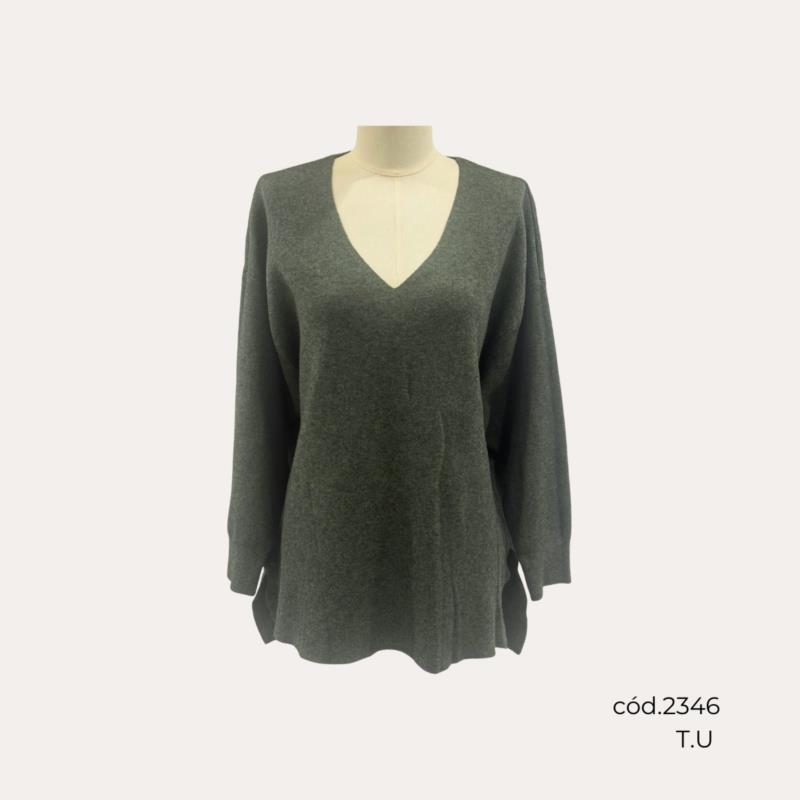 Jersey Largo de Punto Verde con Cuello Pico