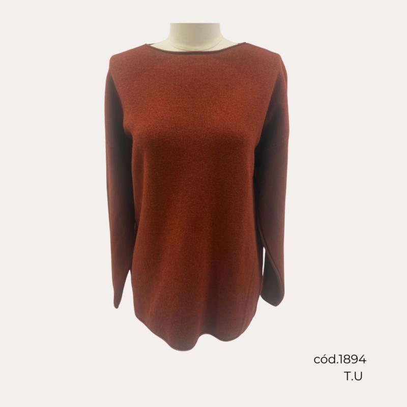 Jersey Liso de Punto Terracota con Cuello Redondo