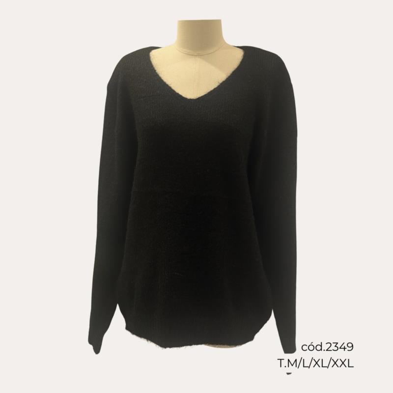 Jersey Negro de Lana con Cuello Pico