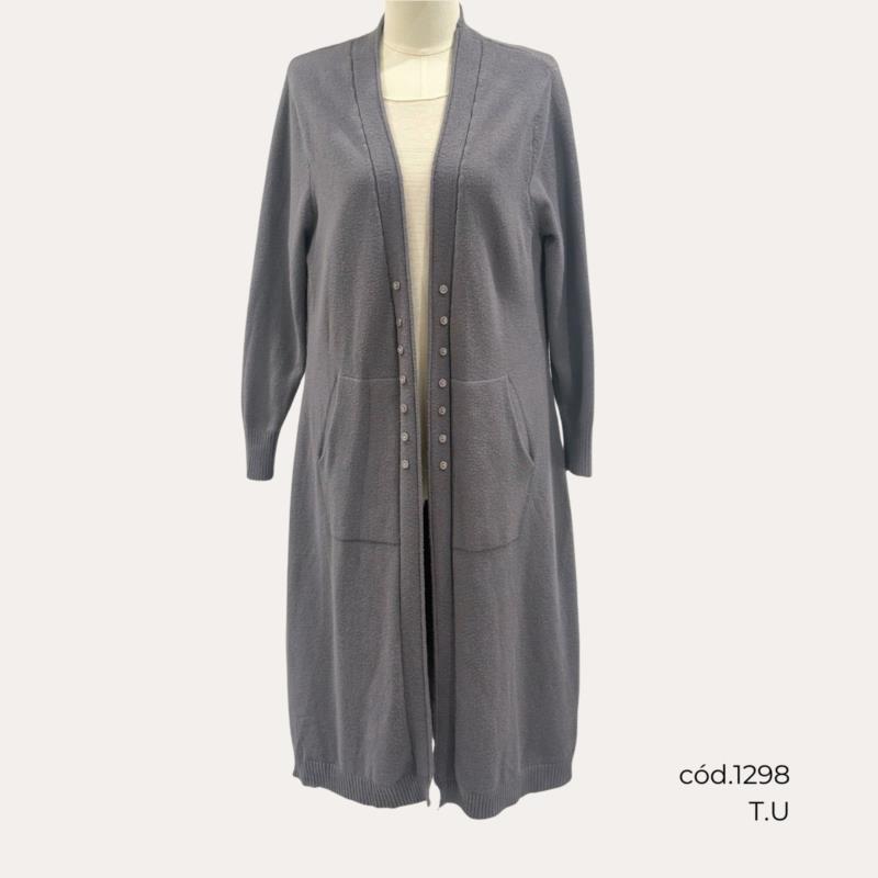 Chaqueta Larga de Punto Gris con Botones