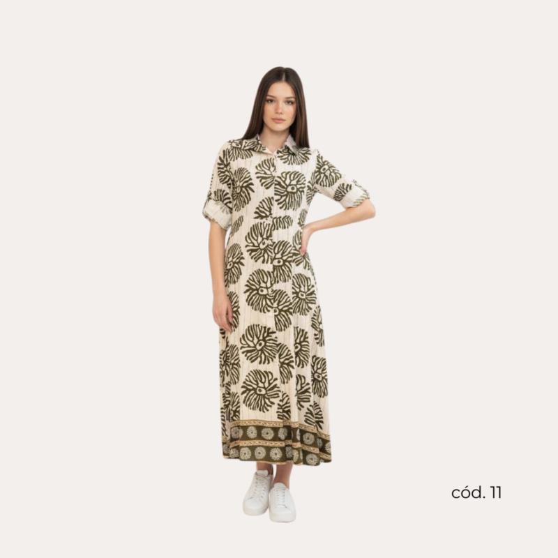 Vestido Largo Camisero Estampado Floral en Verde y Beige