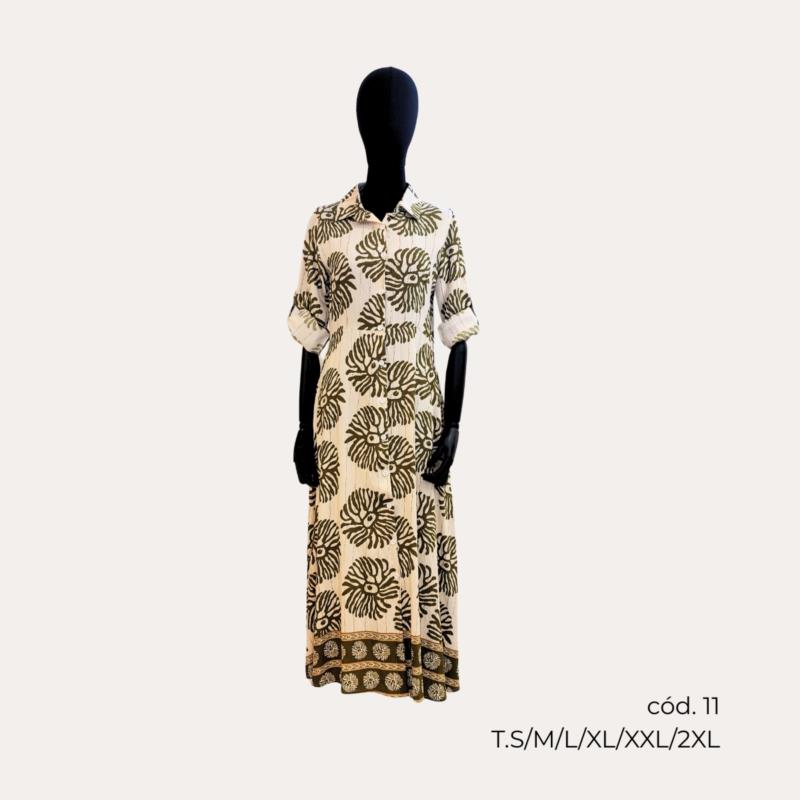Vestido Largo Camisero Estampado Floral en Verde y Beige