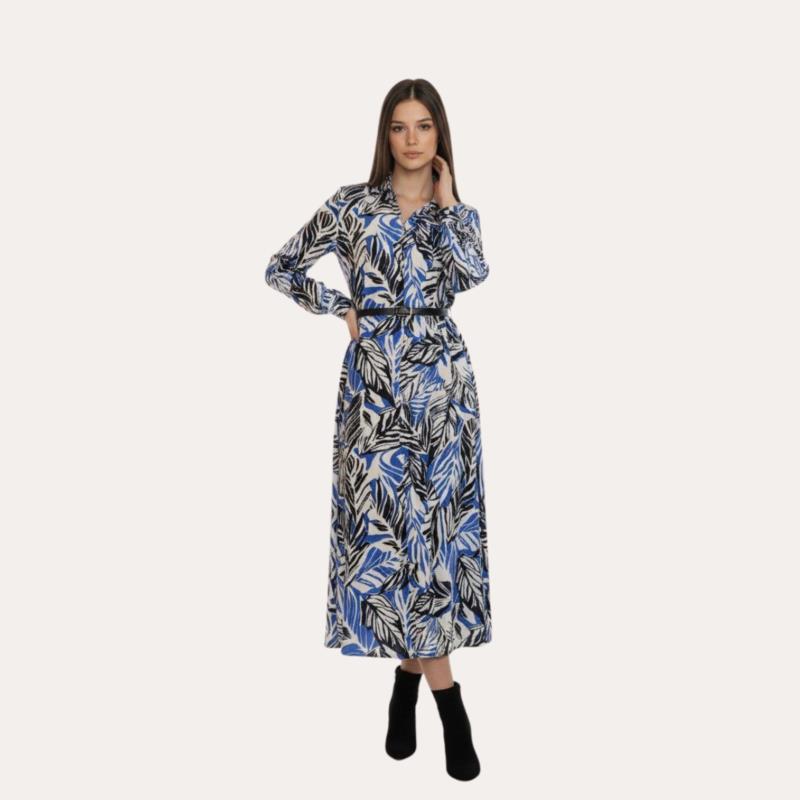 Vestido Largo Camisero Estampado Floral en Azul y Blanco