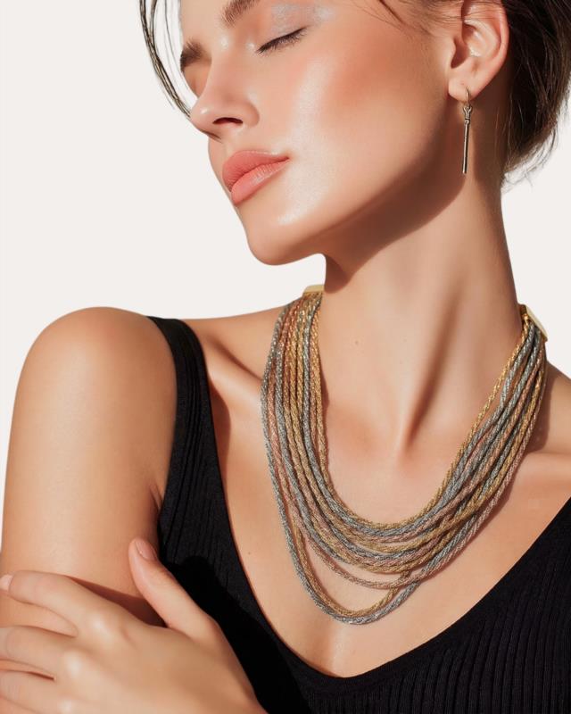 Collar Mediano Multivueltas Rosa Oro y Plata