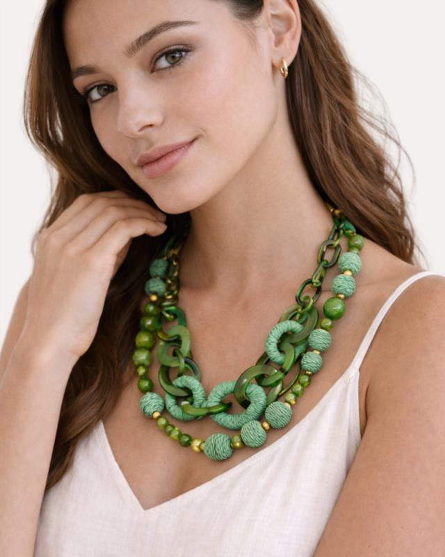 Collar Largo Doble con Eslabón de Aros Verde