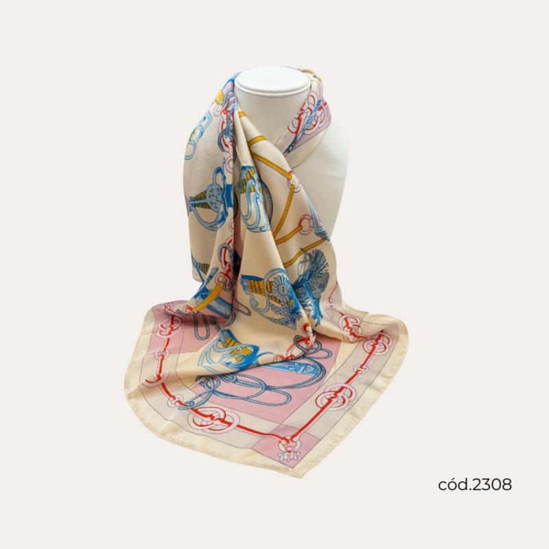 Fular Estampado con Cordón Beige y Rosa Palo
