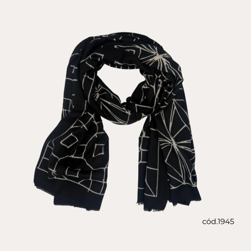 Bufanda Negra Figuras Geométricas Delgadas Grises