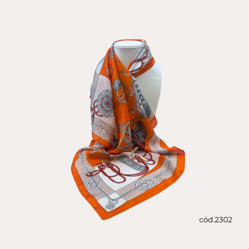 Fular con Estampado Naranja y Detalles Gris y Blanco