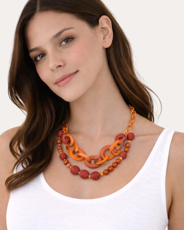 Collar Largo Doble de Cuentas con Eslabón de Aros Naranja