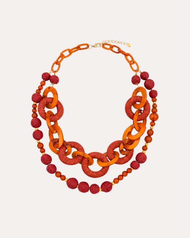 Collar Largo Doble de Cuentas con Eslabón de Aros Naranja