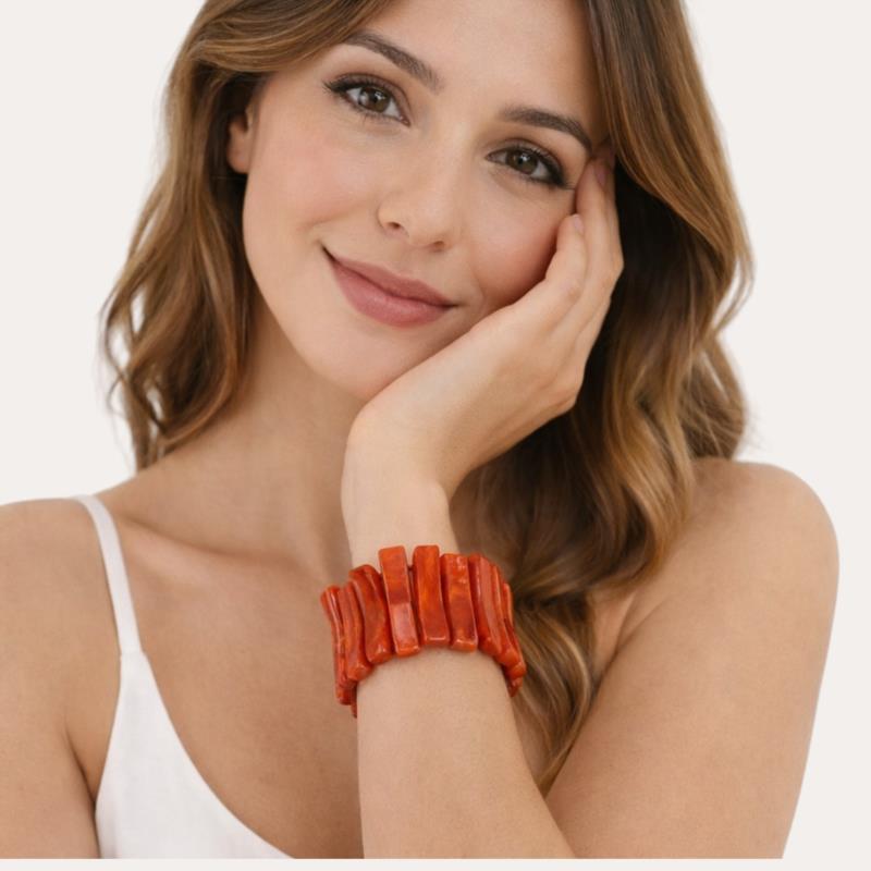 Pulsera Elástica de Resina Marmoleada Naranja con Diseño Vertical