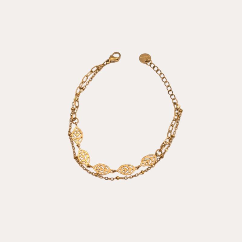 Pulsera acero Dúo Hojas Doradas Caladas
