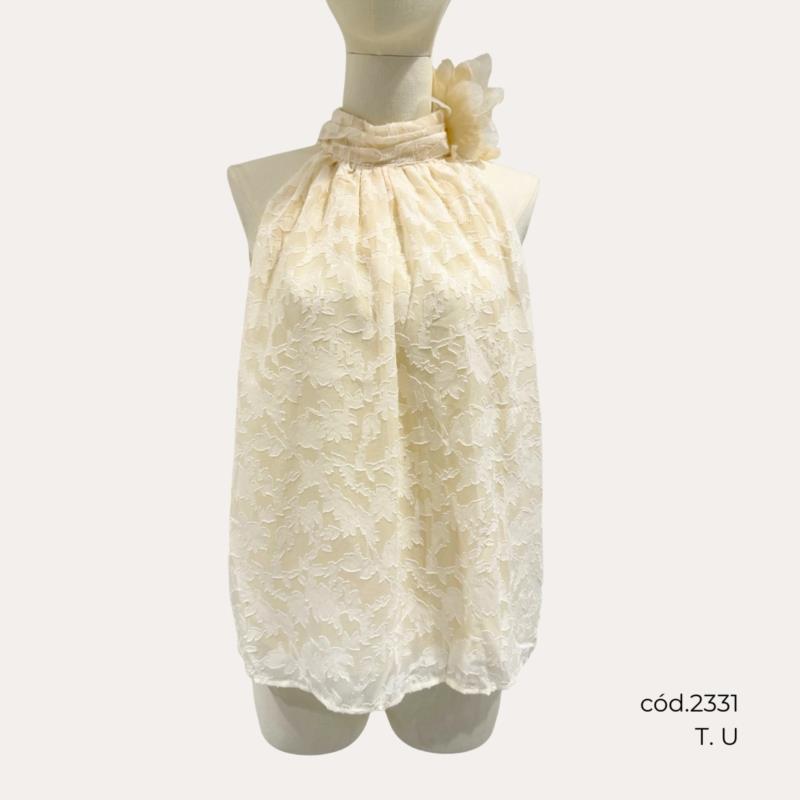Blusa Blanca sin Mangas con Cuello Halter y Detalle Floral