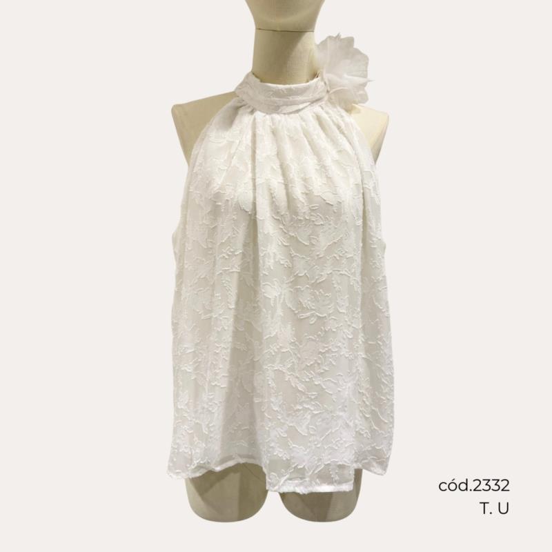 Blusa Blanca sin Mangas con Cuello Halter y Detalle Floral