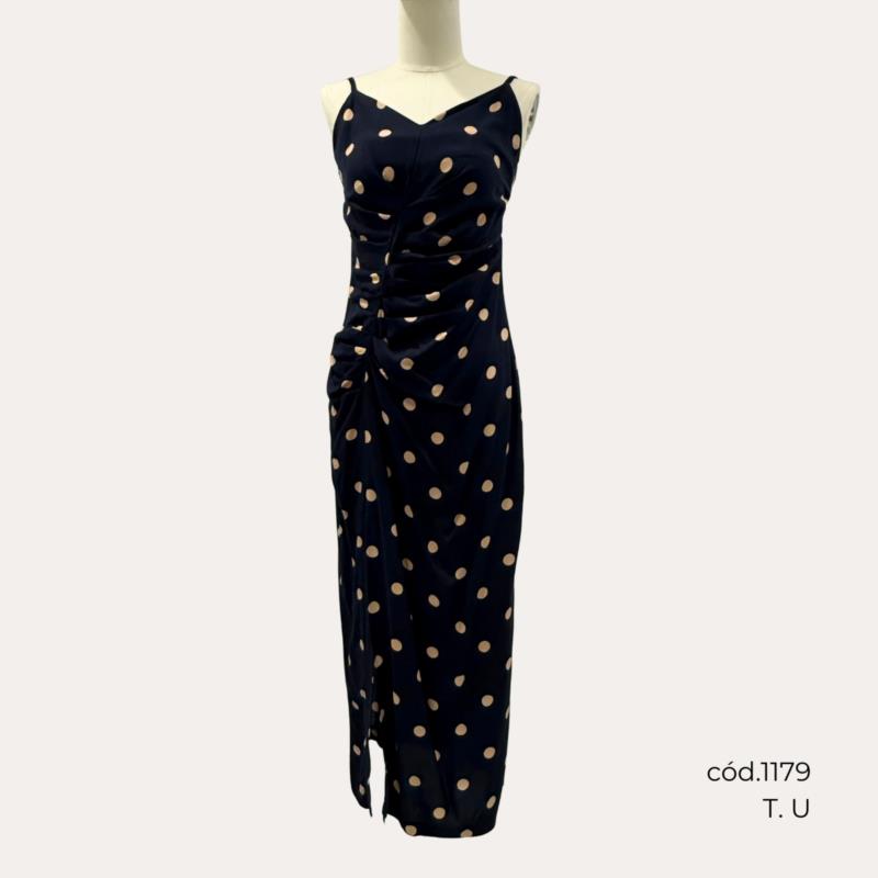 Vestido Largo Fluido Azul de Lunares Beige con Frunce