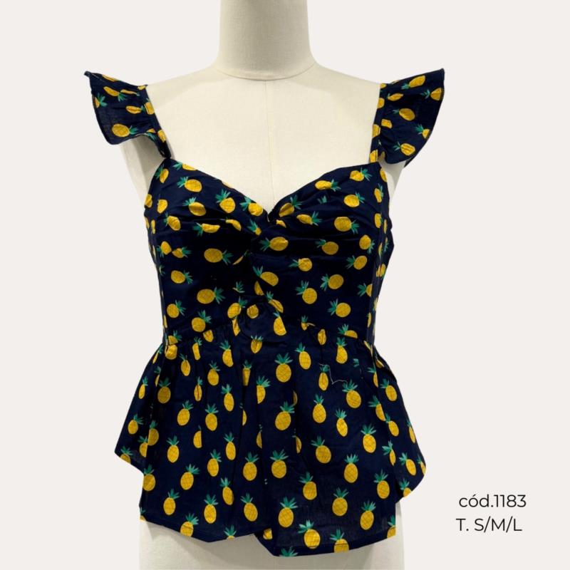 Top Azul Marino con Estampado de Piñas y Tirantes