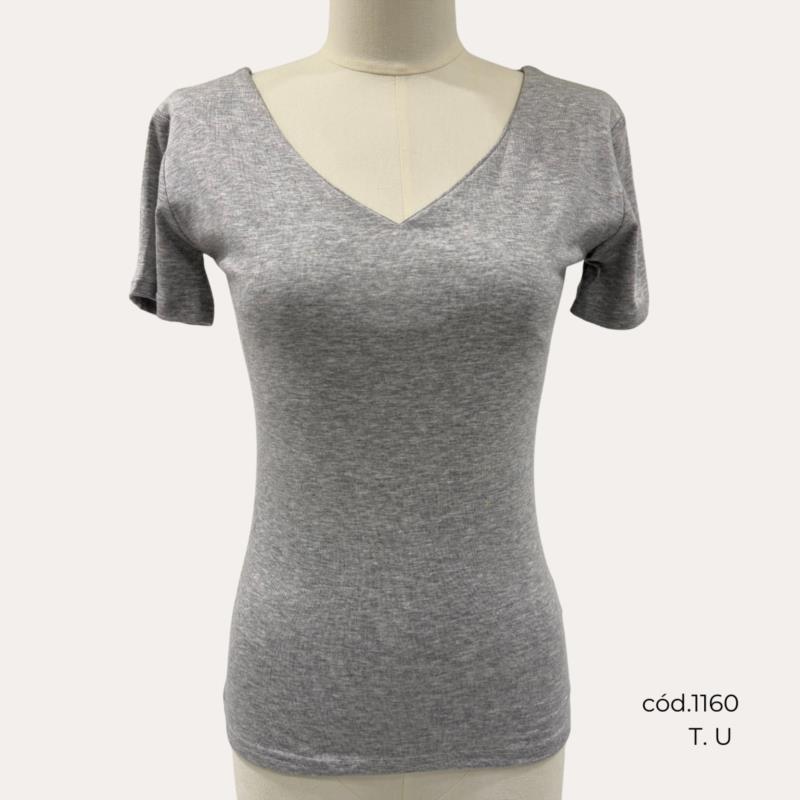 Camiseta Gris de Algodón con Cuello Pico
