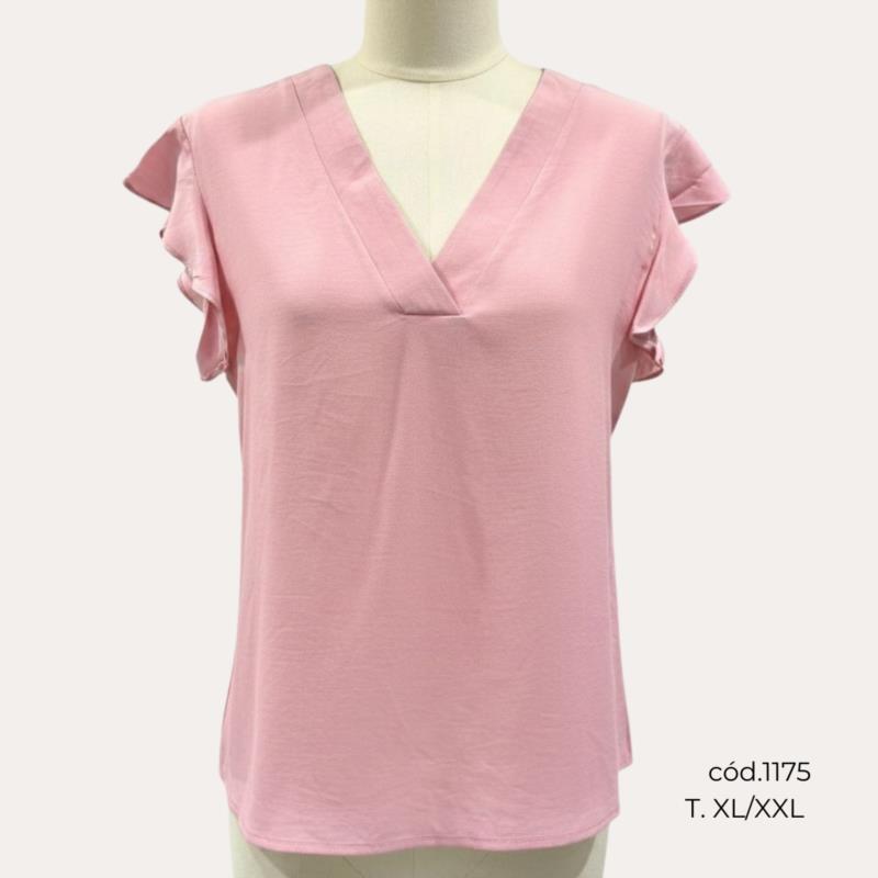 Blusa con Volantes y Cuello Pico en Rosa