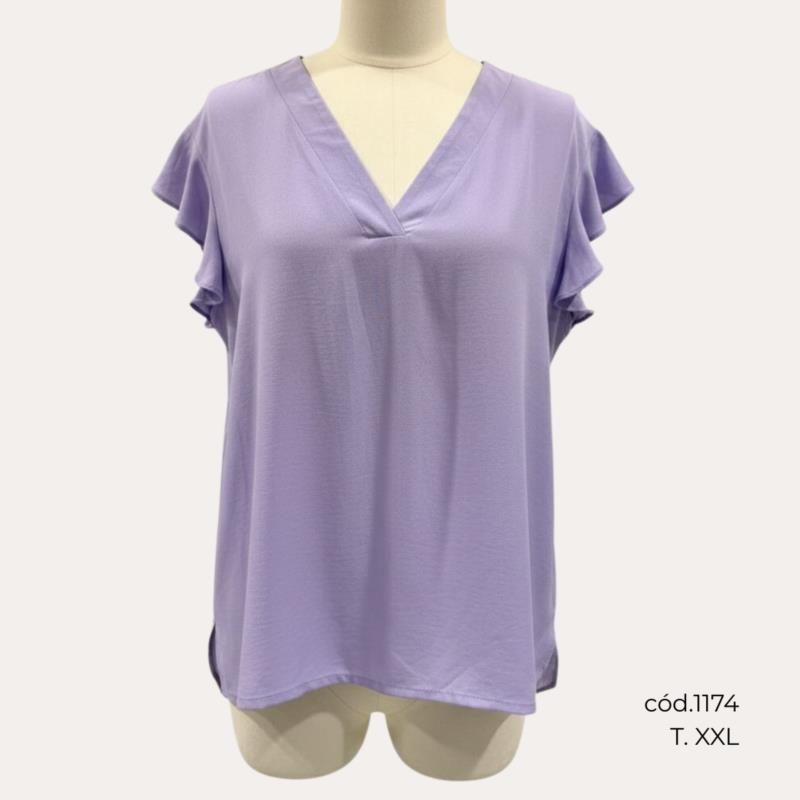 Blusa con Volantes y Cuello Pico en Lila